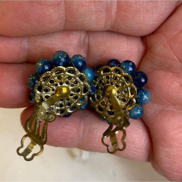 Mid-Century Cluster Earrings - Gold speckled blue-green-teal beads - JAPAN - Picture 3 of 7